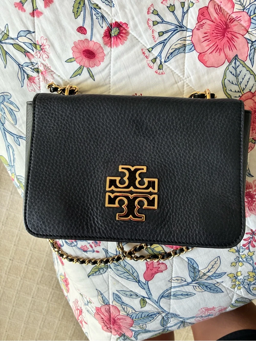 Tory Burch Black Pebbled Leather Crossbody with Gold-Tone Chain